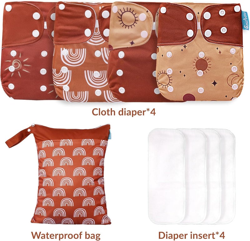 Smarbore Baby Cloth Diapers Set - 4 Pack with 4 Inserts & 1 Wet/Dry Separation Bag, Reusable Infant Toddler Nappy, Adjustable Pocket Diapers for Baby Boys and Girls (6-33 pounds, 0-3 Years) - Image 2